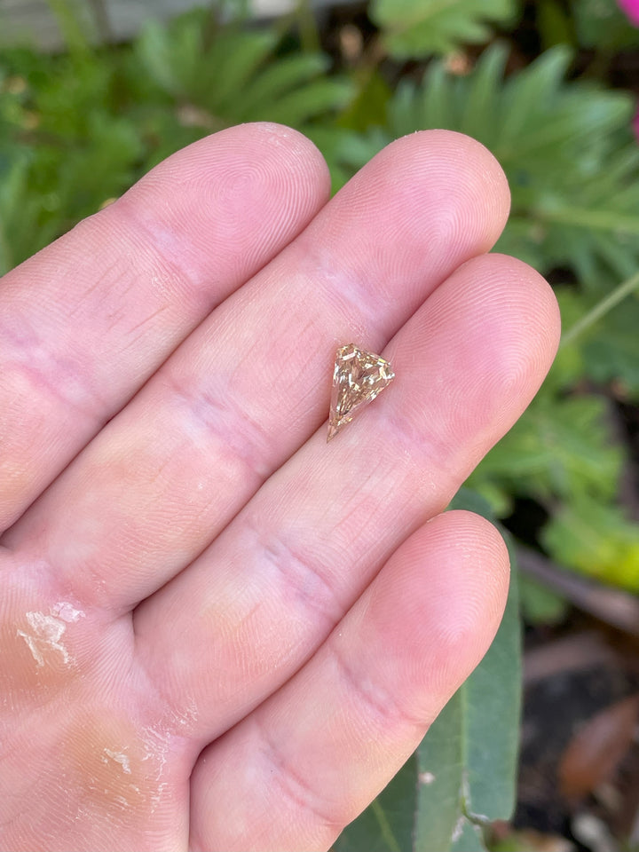 Natural sunlight illuminating a 2.10-carat fancy brown kite cut diamond, emphasizing its clarity, warmth, and ethically sourced origin.