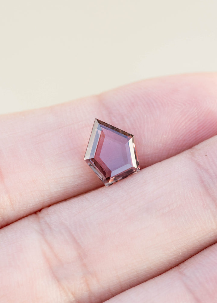 Deep wine brown 2.03ct shield portrait cut sapphire resting on fingertips under natural light.