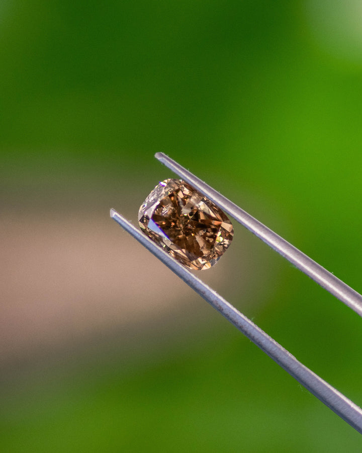 2.20 carat fancy brown diamond from Argyle Mines, Australia, held delicately in tweezers. The elongated cushion cut gemstone showcases rich brown hue, mirror-like brilliance, and strong blue fluorescence.