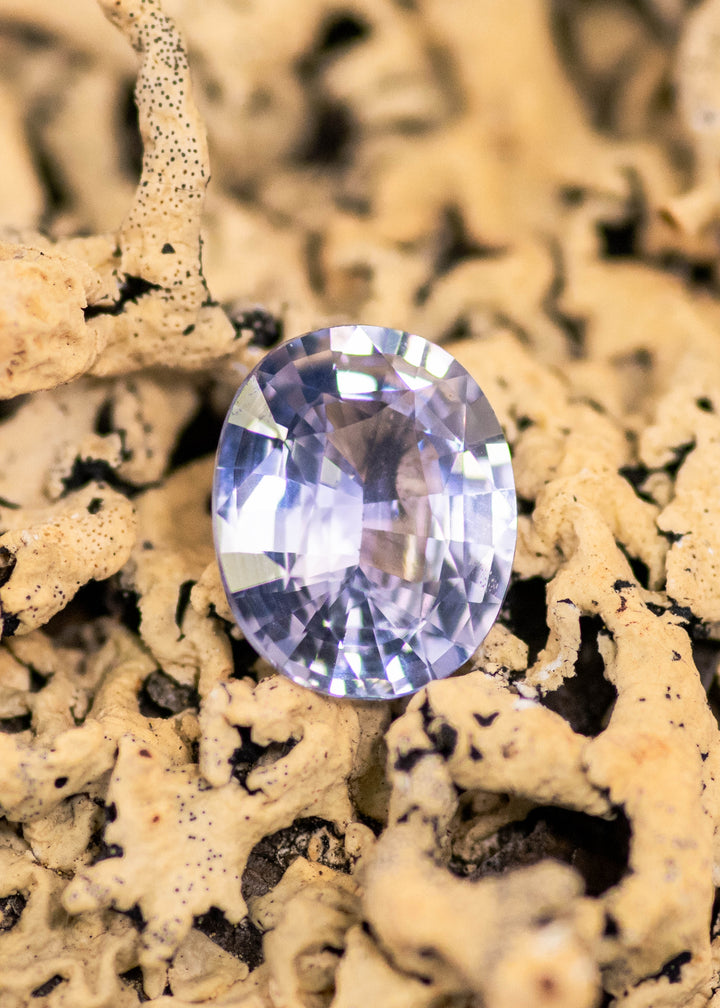 2.25 carat gray clear pink sapphire resting on natural stone texture, oval mix cut sapphire from Sri Lanka showing soft lavender pink tones and brilliance