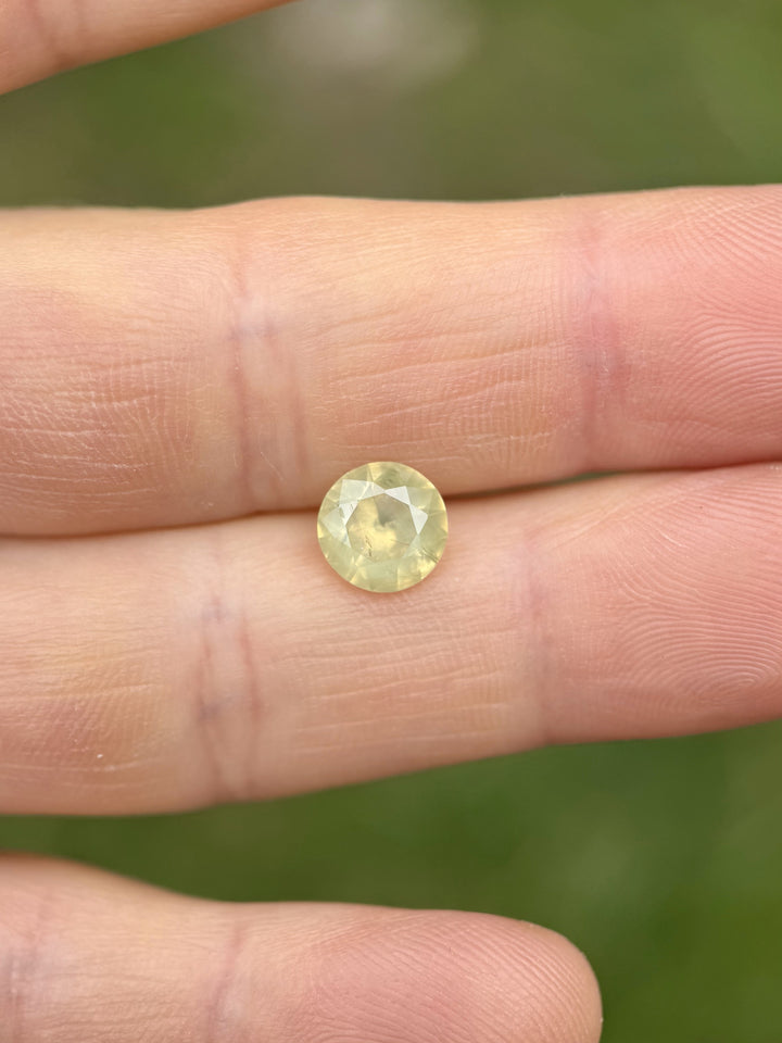 Hand holding a round brilliant cut 2.32-carat lemon lime sapphire with yellow-green opalescent glow from Nigeria