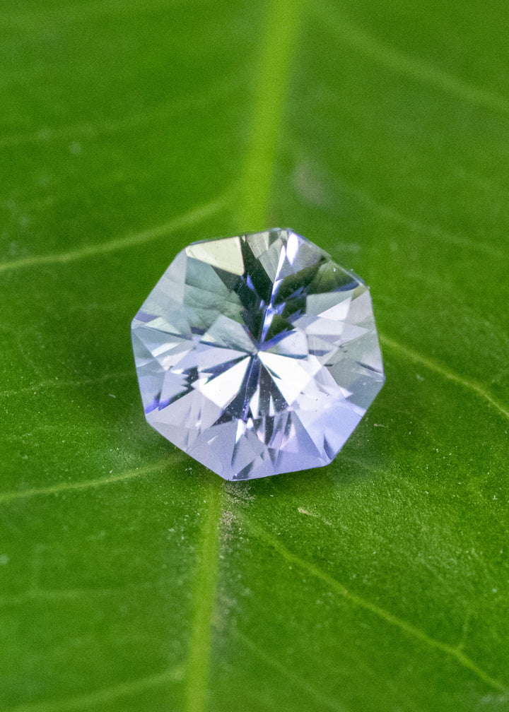 2.38 carat periwinkle violet Tanzanite custom brilliant octagon placed on green leaf, Merelani Hills Tanzania origin gemstone highlighting sharp facet pattern, natural color shift and brilliance for bespoke jewelry