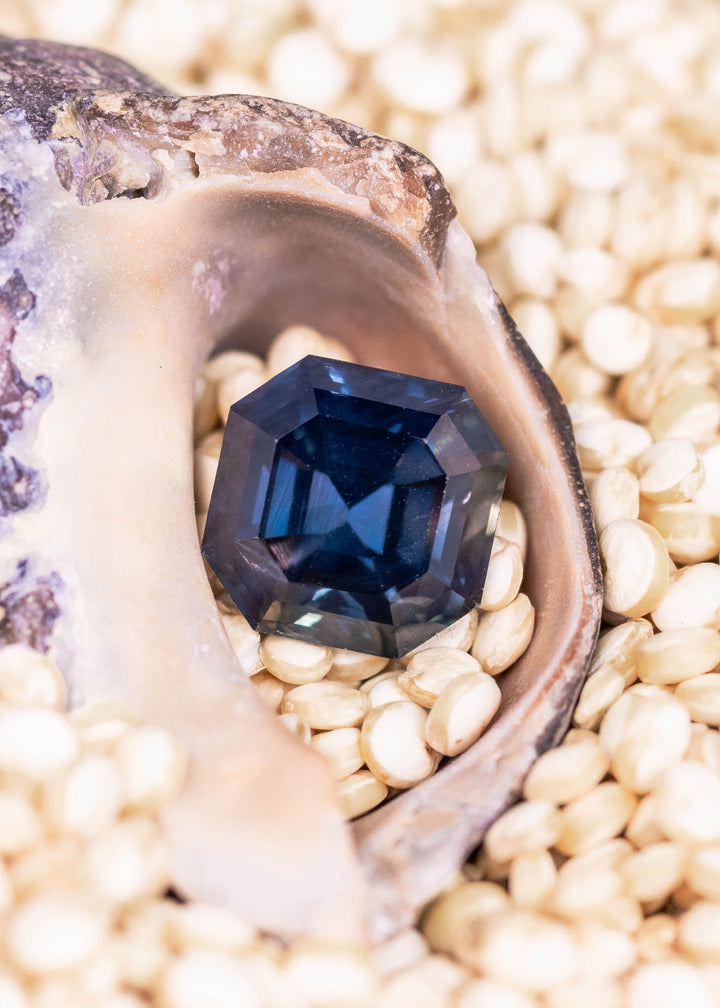 Loose color change sapphire from Gombe, Nigeria shown face-up in a shell setting, displaying the precision Asscher cut and deep teal blue tones.