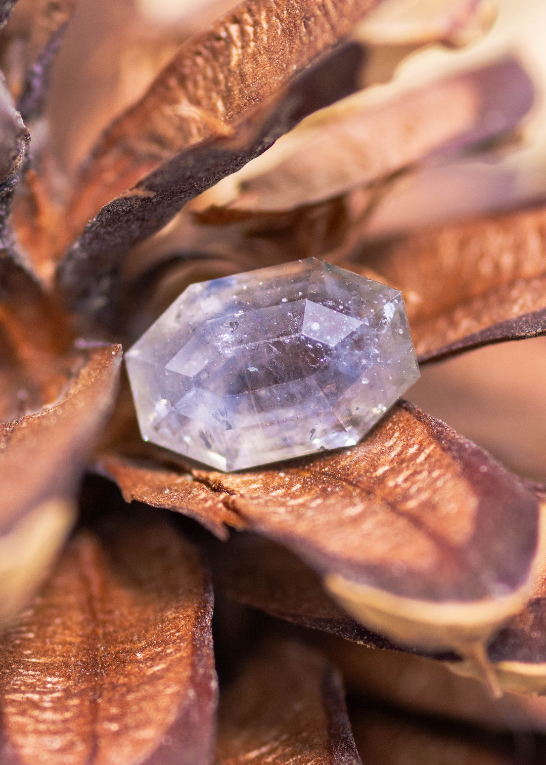 Loose 2.40 carat gray purple Montana sapphire shown face-up, featuring an octagonal geometric tablet cut with step facets.