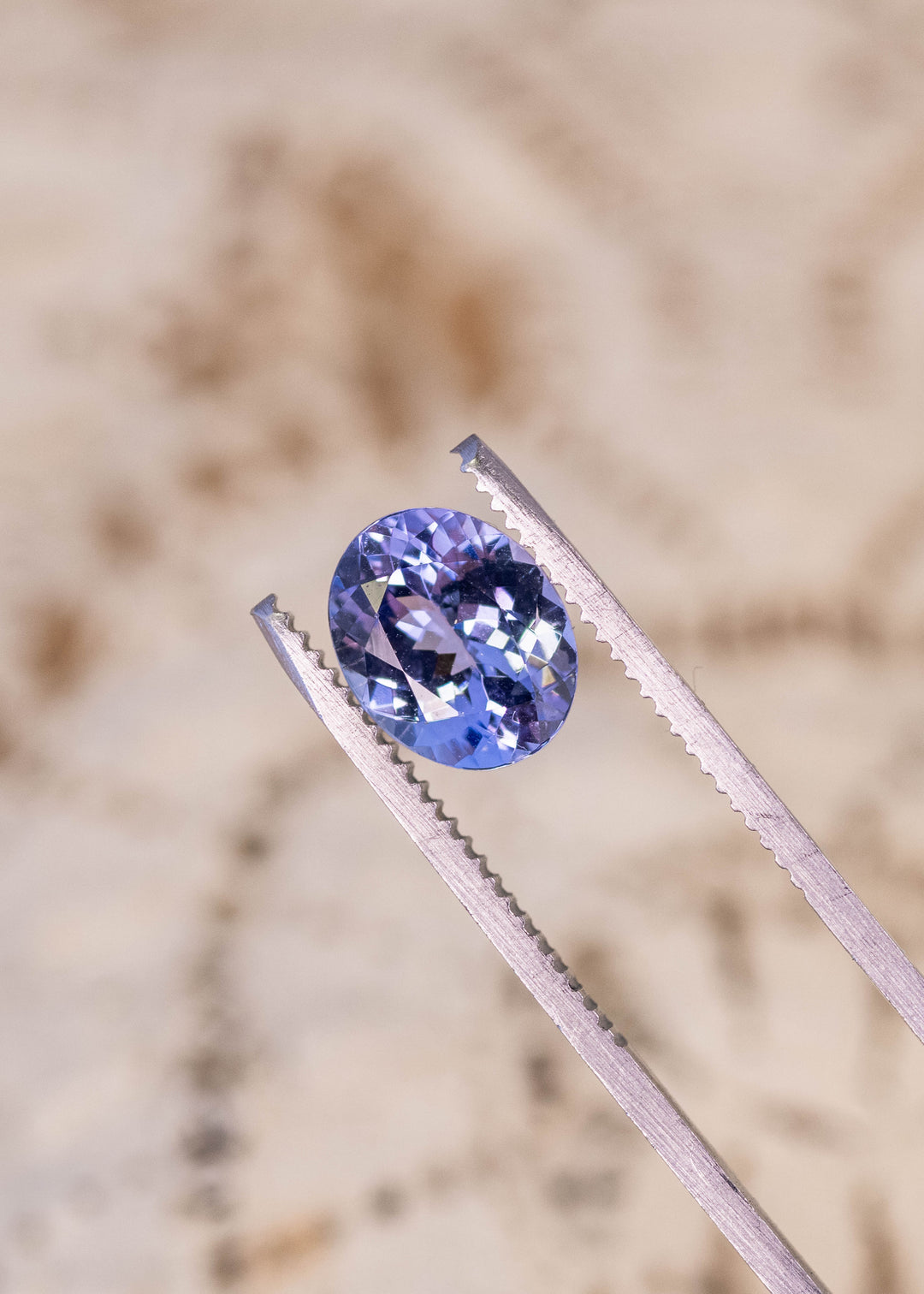 Loose 2.50ct oval Tanzanite held in gem tweezers displaying powder blue lavender violet hues and brilliant sparkle for custom jewelry design