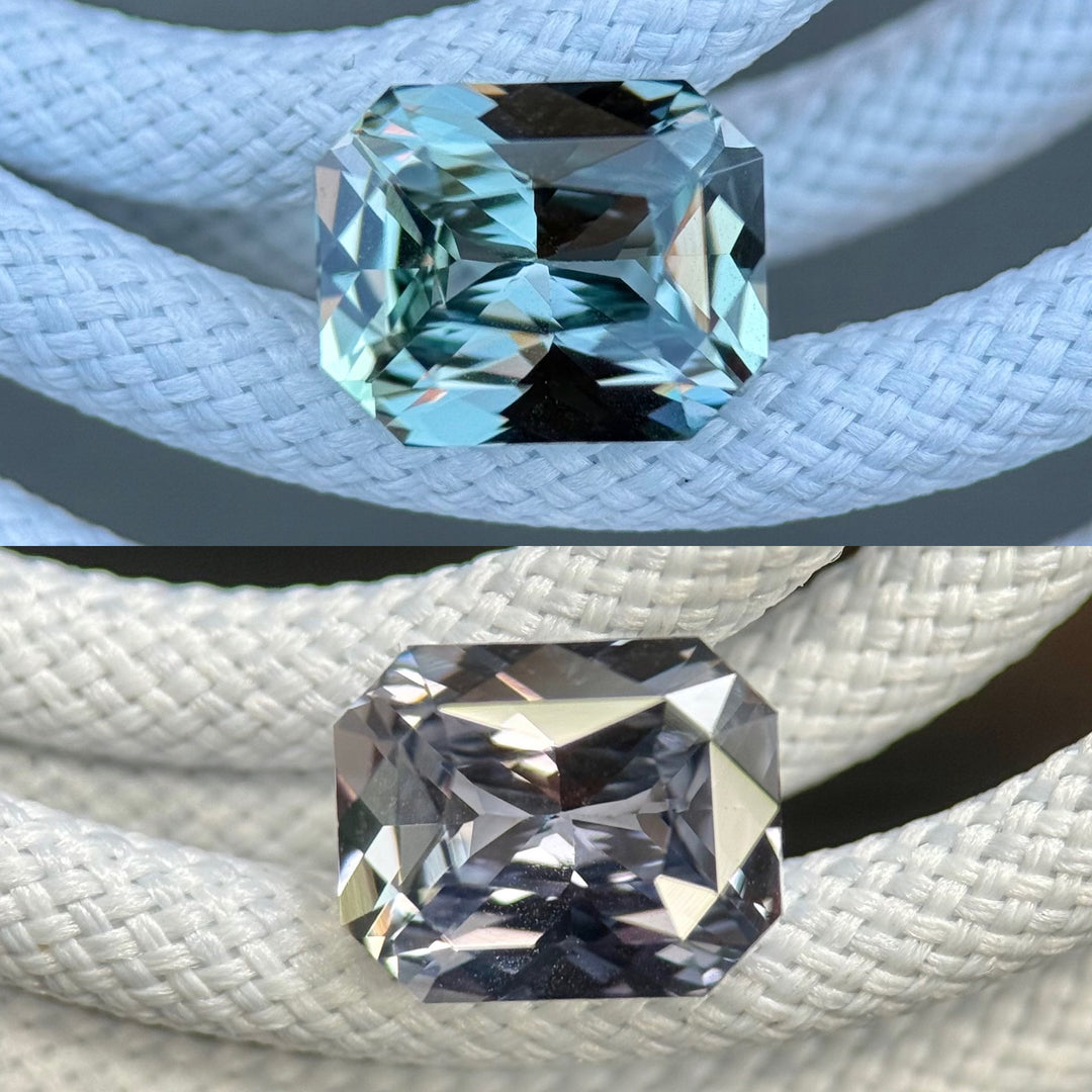 2.53 carat color change sapphire showing steely blue-green hue in daylight, precision radiant cut from Sakaraha, Madagascar, natural and untreated.