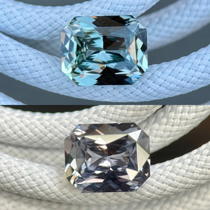 2.53 carat color change sapphire showing steely blue-green hue in daylight, precision radiant cut from Sakaraha, Madagascar, natural and untreated.