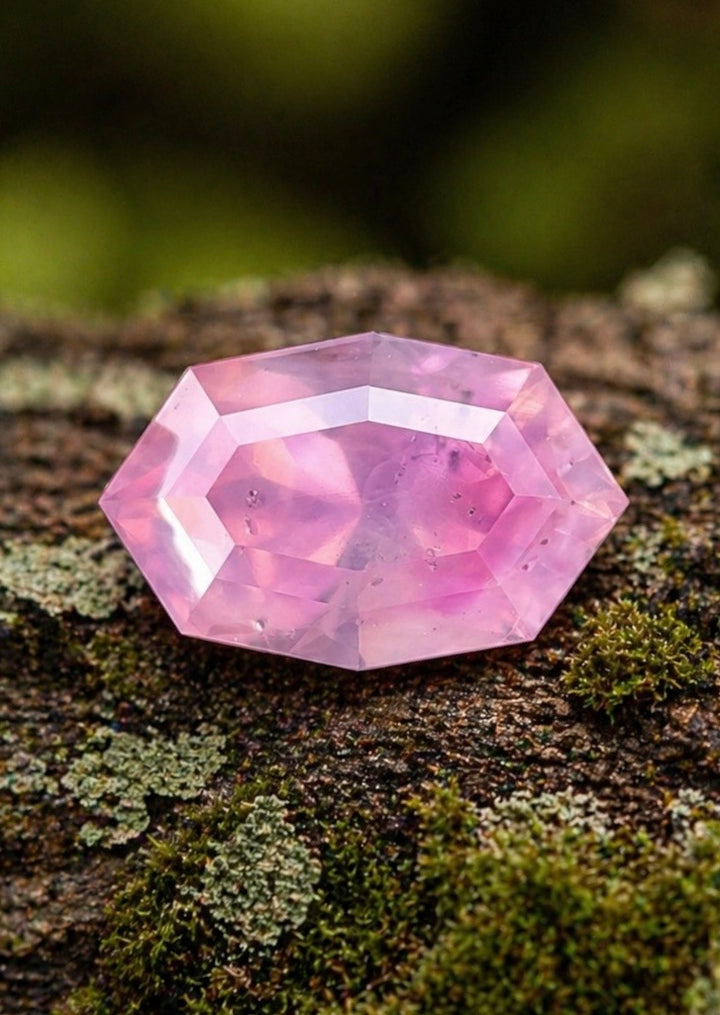 Loose opalescent pink peach sapphire on natural wood showing soft glow and geometric faceting.