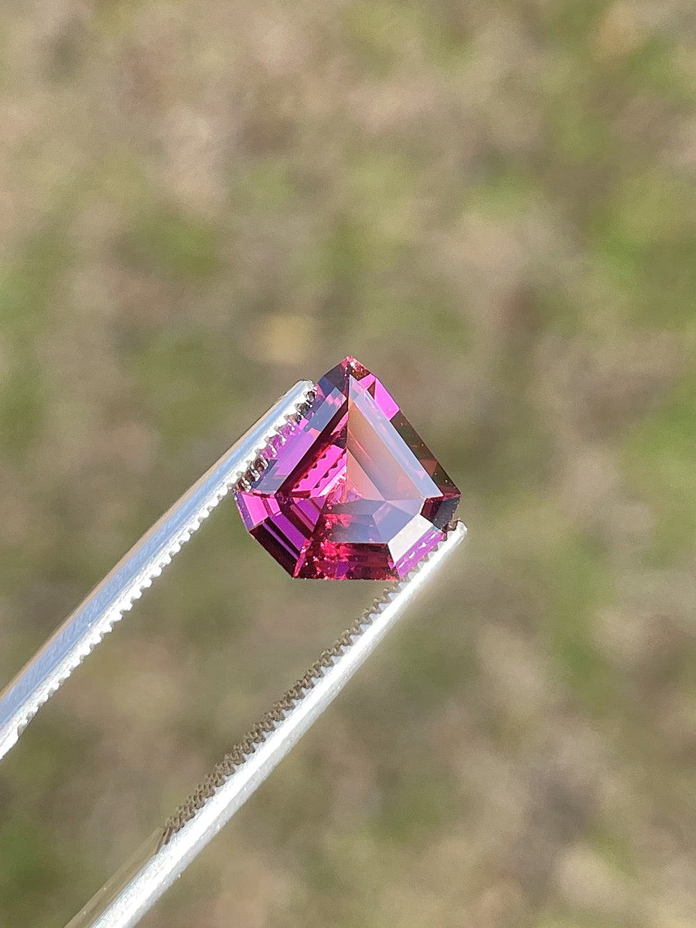 Vibrant shield step cut garnet weighing 2.61 carats with purple, pink, and red tones, expertly crafted and displayed outdoors.