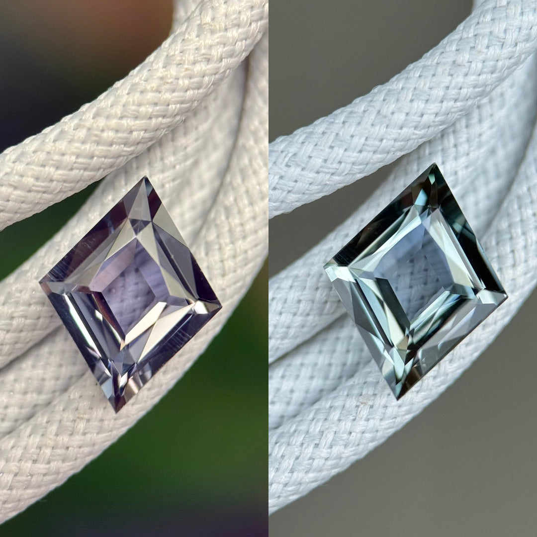 2.68-carat untreated sapphire from Madagascar showing seafoam blue-green and steely gray-purple color change in lozenge kite cut