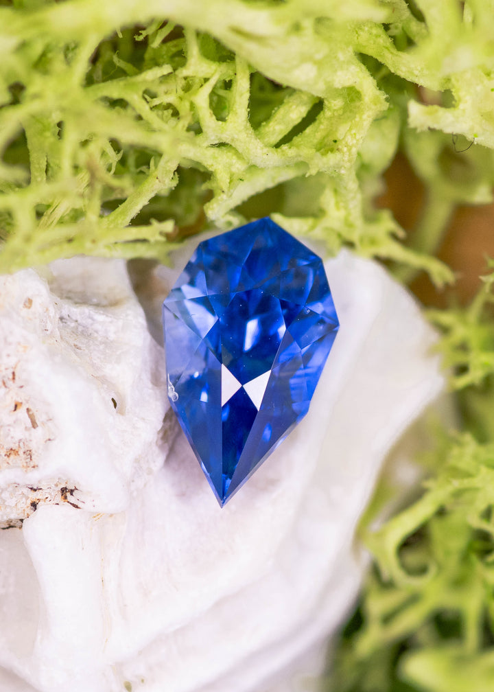 Loose blue and purple sapphire from Sri Lanka displayed on natural shell and moss background showing the custom mix pear cut and vibrant color shift.