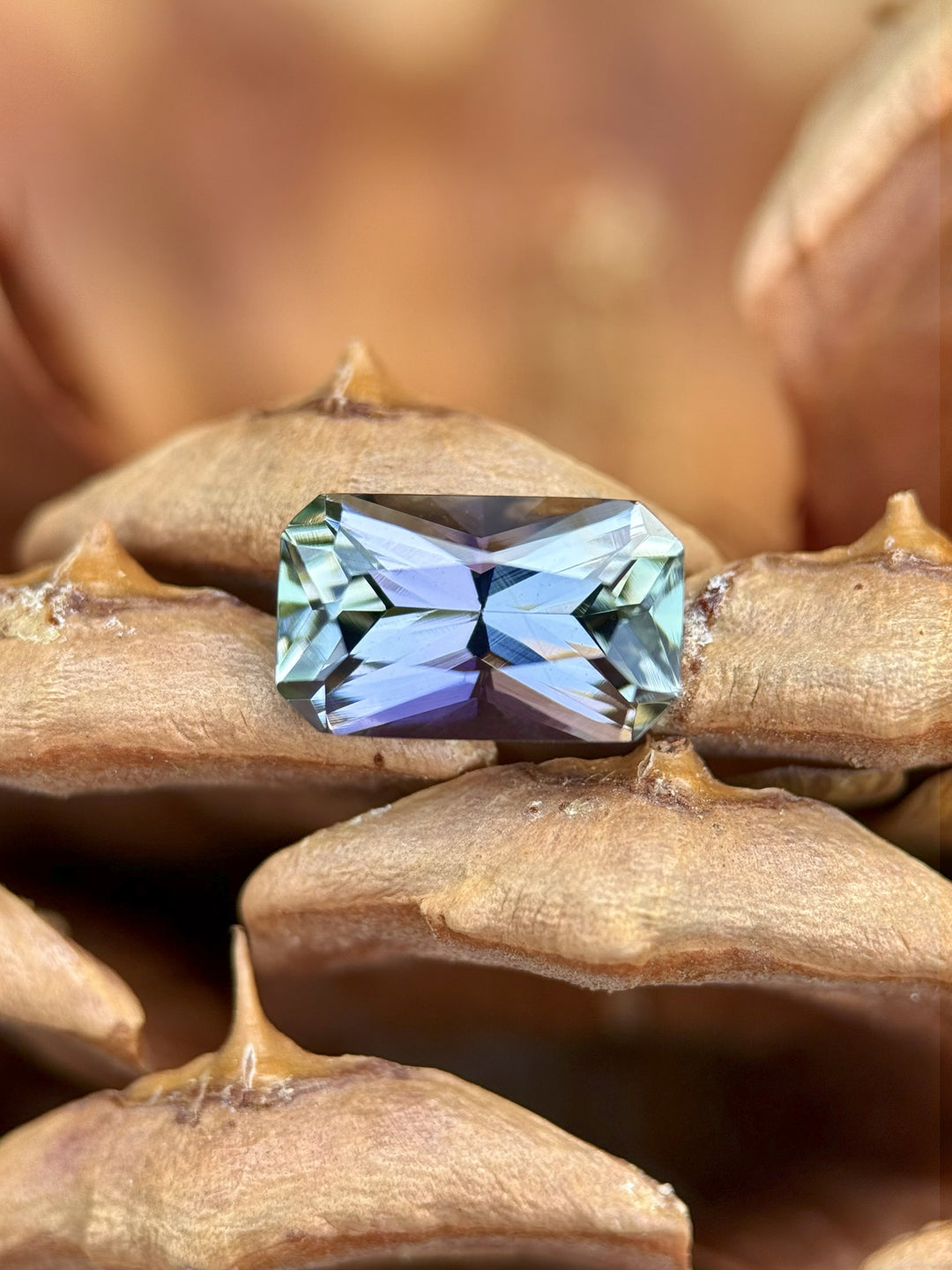 3.01ct radiant-cut Tanzanite gemstone in mermaid tones of purple, green, and blue on pinecone texture