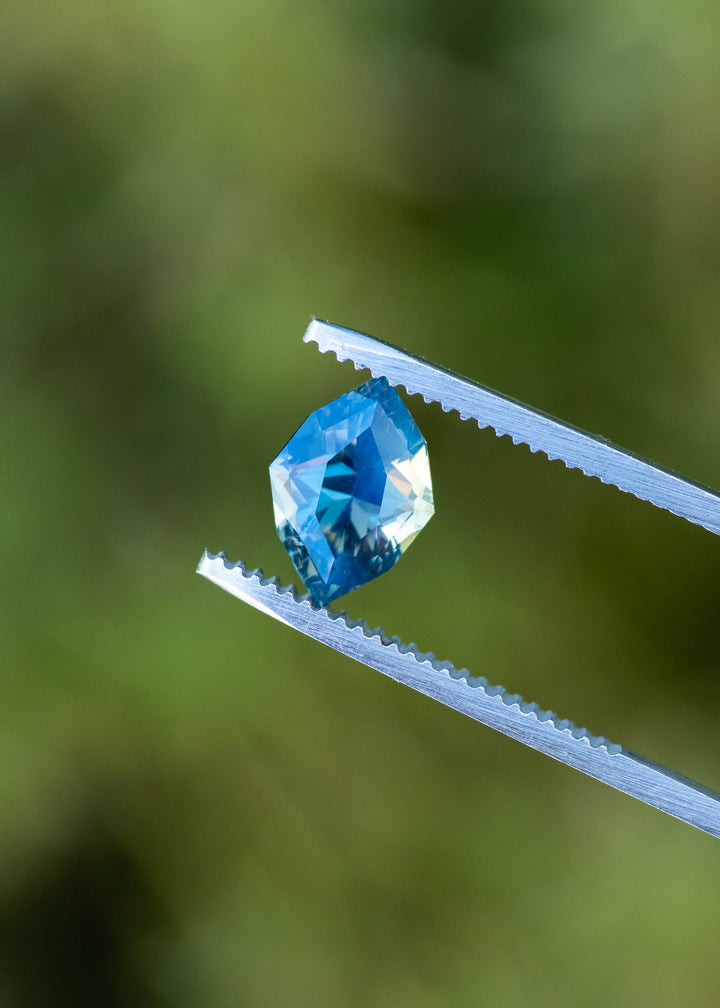 3.02ct opalescent teal parti marquise cut sapphire held in gem tweezers showing off unique color zoning against a blurred green background.