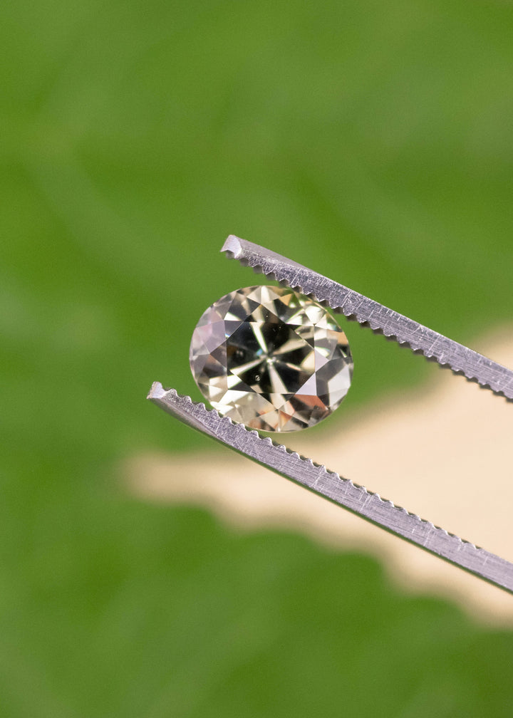 3.05 carat champagne green Tanzanite oval gemstone held in tweezers, custom mix brilliant cut Tanzanite from Merelani Hills Tanzania displaying brilliance and facet detail