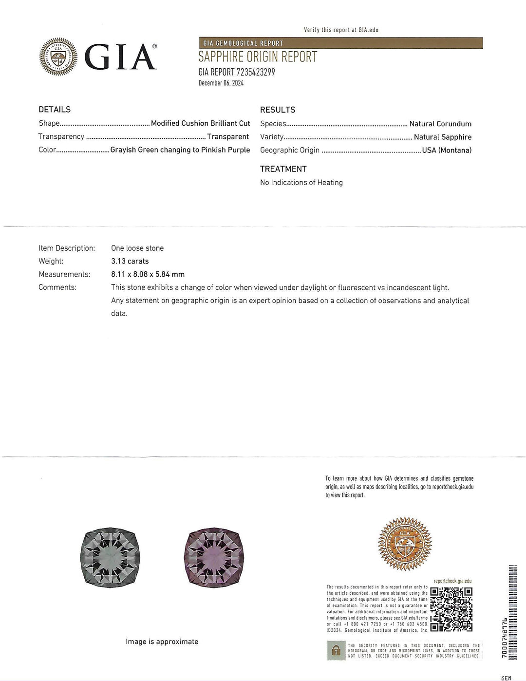 GIA origin report for a 3.13-carat color-change sapphire, showcasing grayish-green to pinkish-purple hues, with no indications of heating, from Montana, USA.