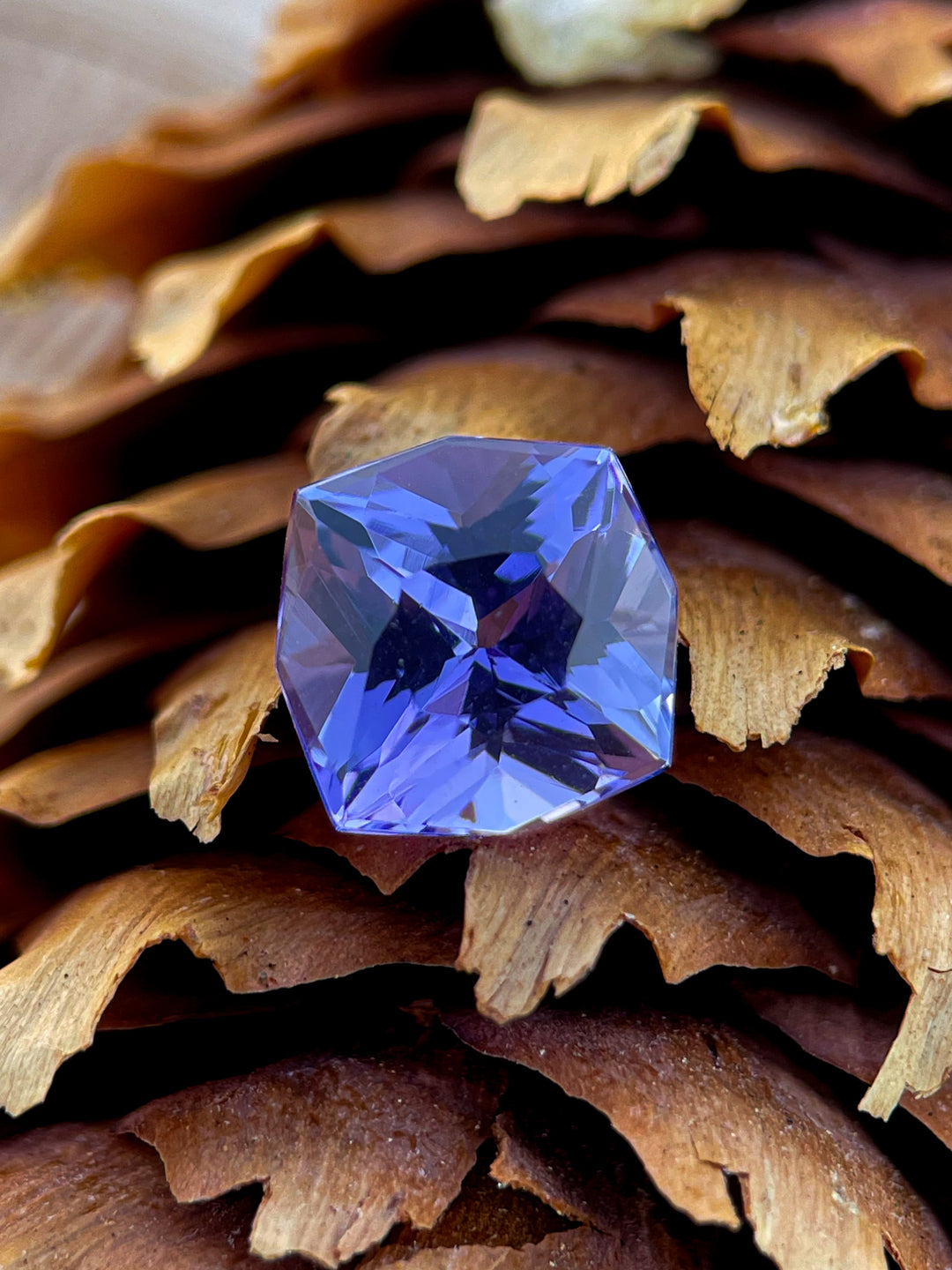 A stunning 3.27-carat Tanzanite gemstone with a unique custom geometric cushion cut, showcasing vibrant ultra violet and purple hues. Originating from Merelani Hills, Tanzania, this untreated gem measures 9.15 x 9.05 x 5.92 mm.