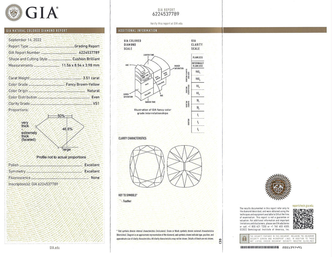 GIA report of the 3.51 Antique Cushion Brilliant Diamond