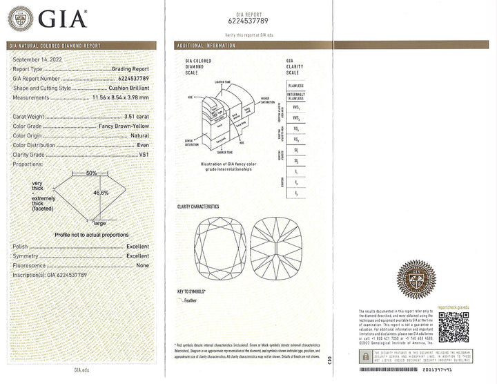 GIA report of the 3.51 Antique Cushion Brilliant Diamond