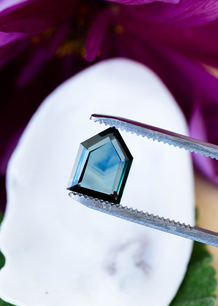 Shield-shaped sapphire held between silver tweezers in front of a white petal and blurred purple flowers. Light passes through its blue-green center, revealing soft, cloudlike color patterns.