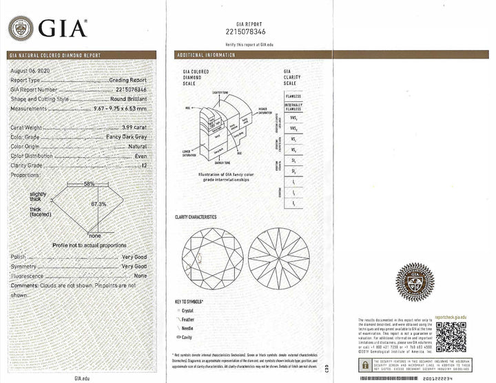 GIA certificate for 3.99 carat Fancy Dark Gray natural diamond, round brilliant cut, clarity I2, untreated and mined in South Africa, showing full GIA grading details.