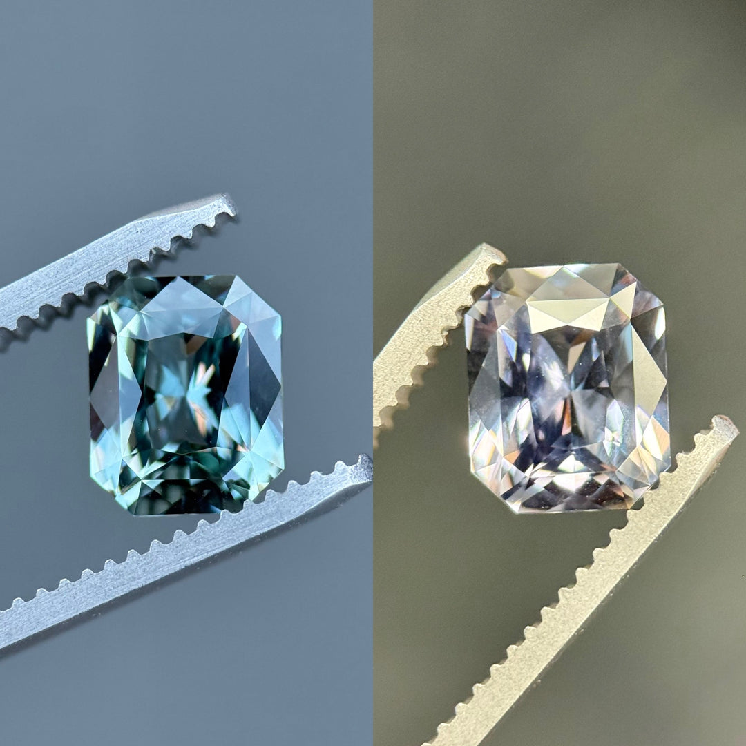 Natural Untreated Color Change Sapphire 2.53CT – Custom Radiant Cut from Sakaraha, Madagascar. Two gemstones, one blue and one clear, in tweezers.