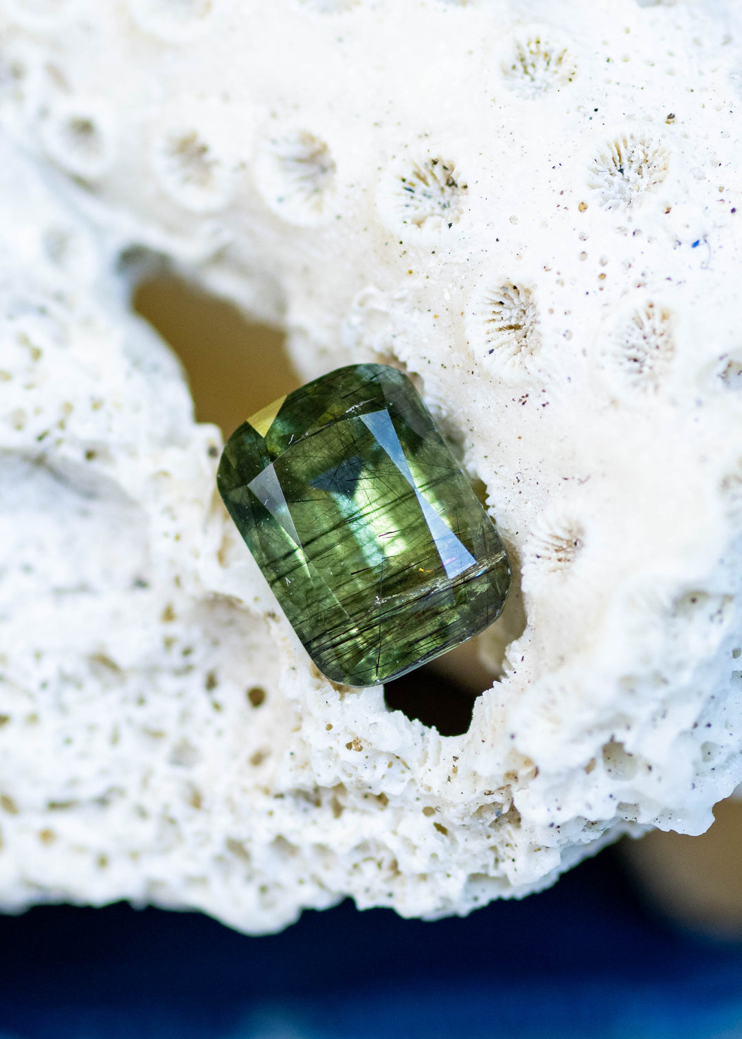 Natural untreated 4.35 carat forest green peridot from Skardu, Pakistan displayed on coral, featuring a custom cushion mix cut and natural needle inclusions.