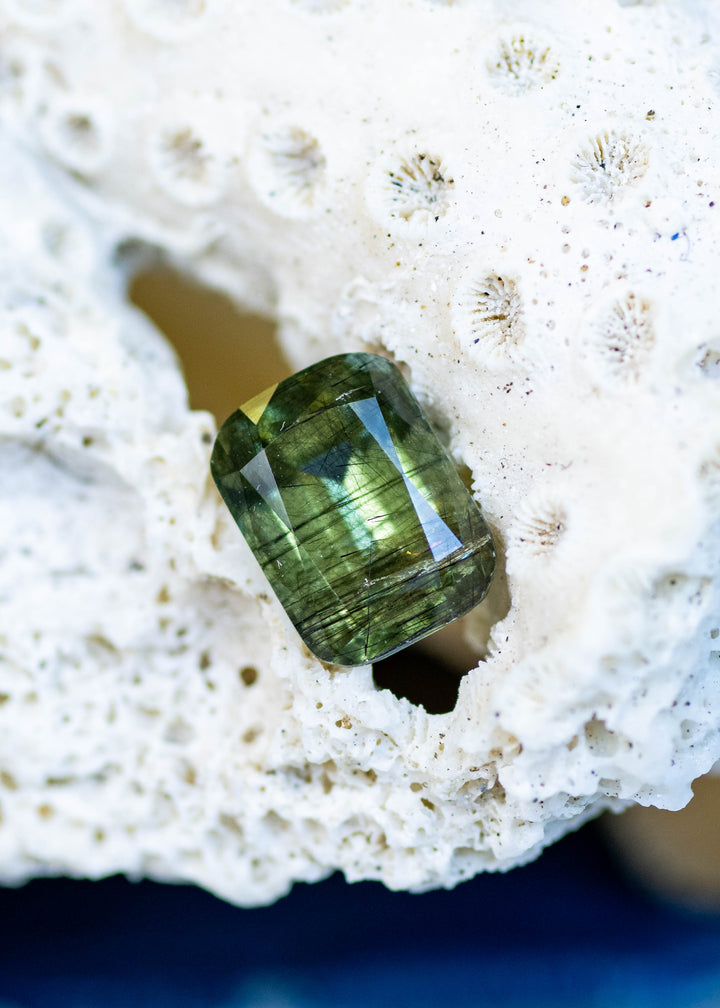 Natural untreated 4.35 carat forest green peridot from Skardu, Pakistan displayed on coral, featuring a custom cushion mix cut and natural needle inclusions.
