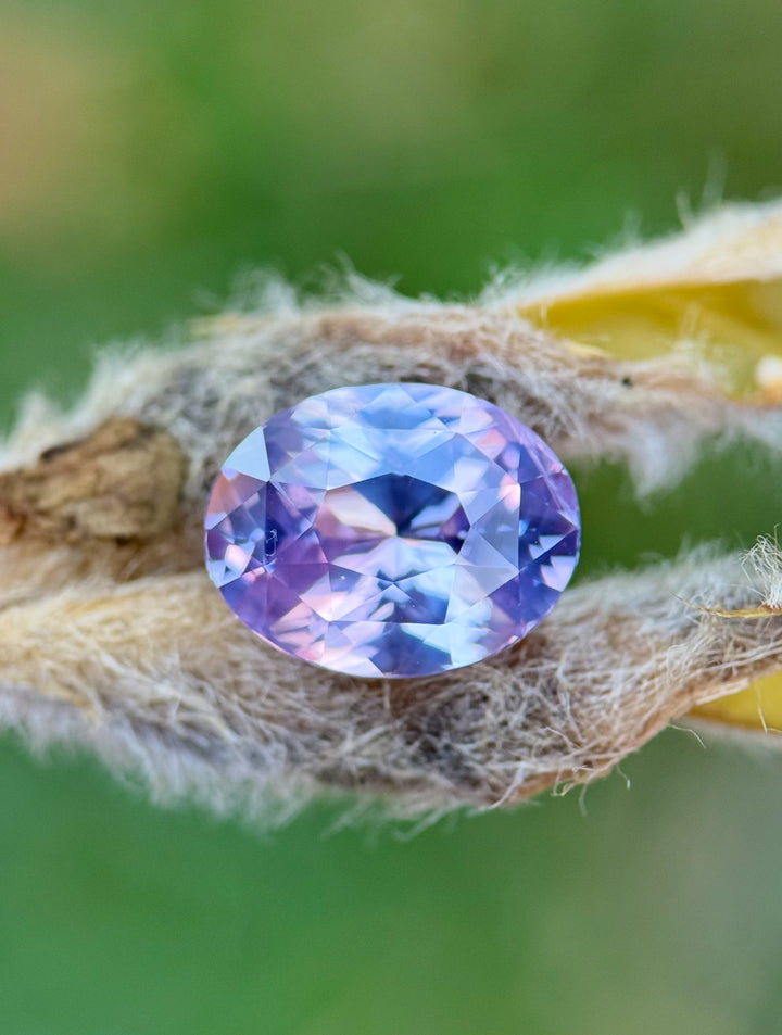 4.04 carat sapphire in soft violet and pink hues resting on a textured natural surface, showing its color-shifting brilliance in daylight, precision oval cut from Sakaraha, Madagascar.