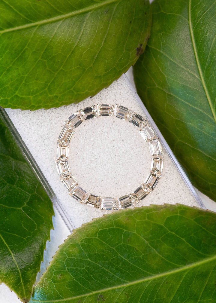 Trapezoid step cut diamond set resting on natural background highlighting color and symmetry.