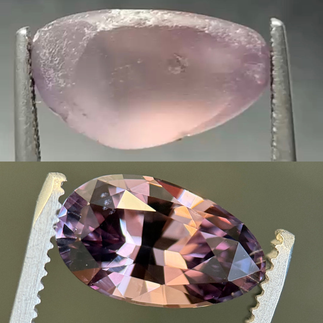 Before and after cutting a natural Madagascar sapphire displaying vibrant purple and peach tones.