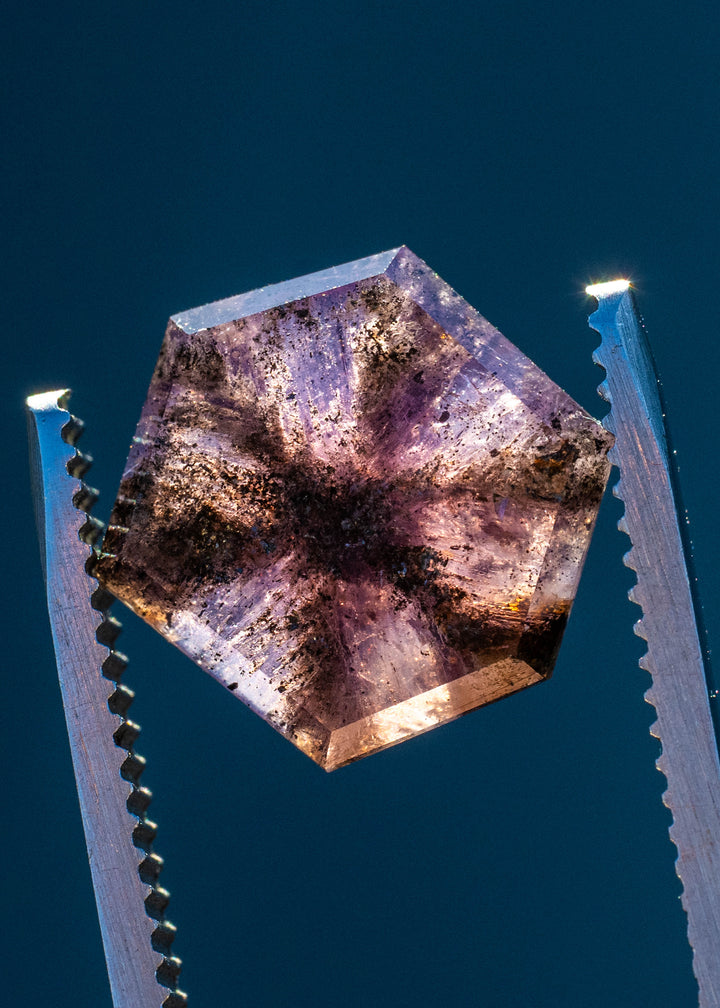 Macro photograph of a 5.56ct untreated Afghan sapphire, revealing intricate dark mineral inclusions, subtle bronze reflections, and translucent pink-purple zones within its hexagonal portrait cut.