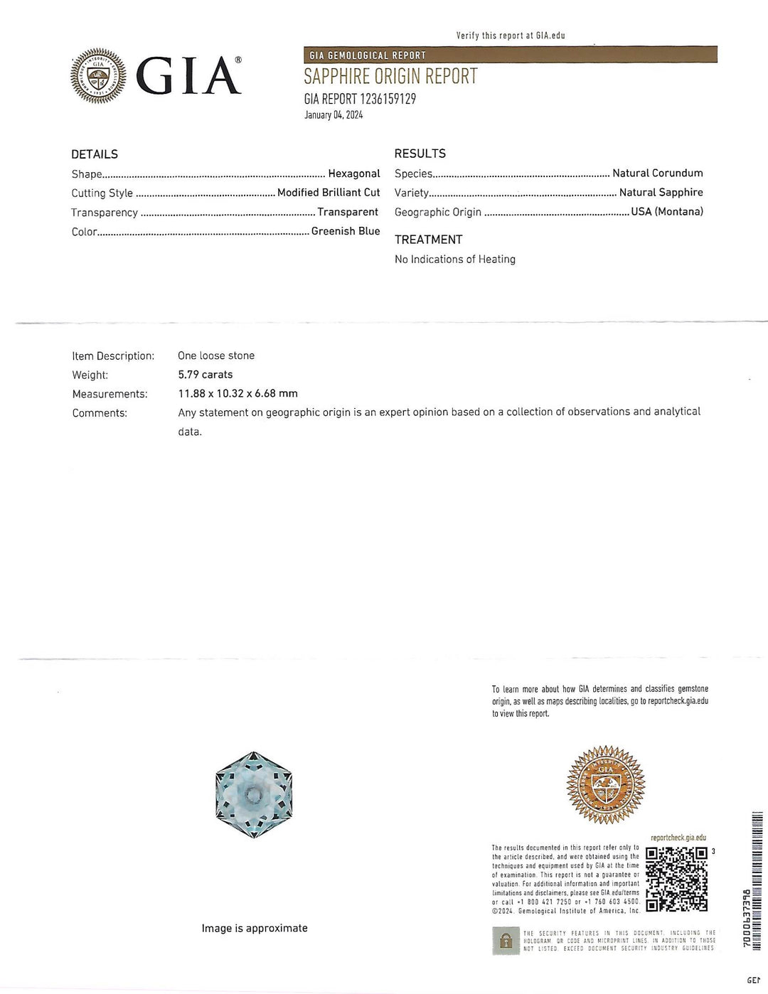 5.79CT Sapphire: Greenish Blue Ultra Precision Custom Hexagonal Modified Brilliant Cut