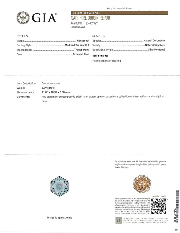 5.79CT Sapphire: Greenish Blue Ultra Precision Custom Hexagonal Modified Brilliant Cut