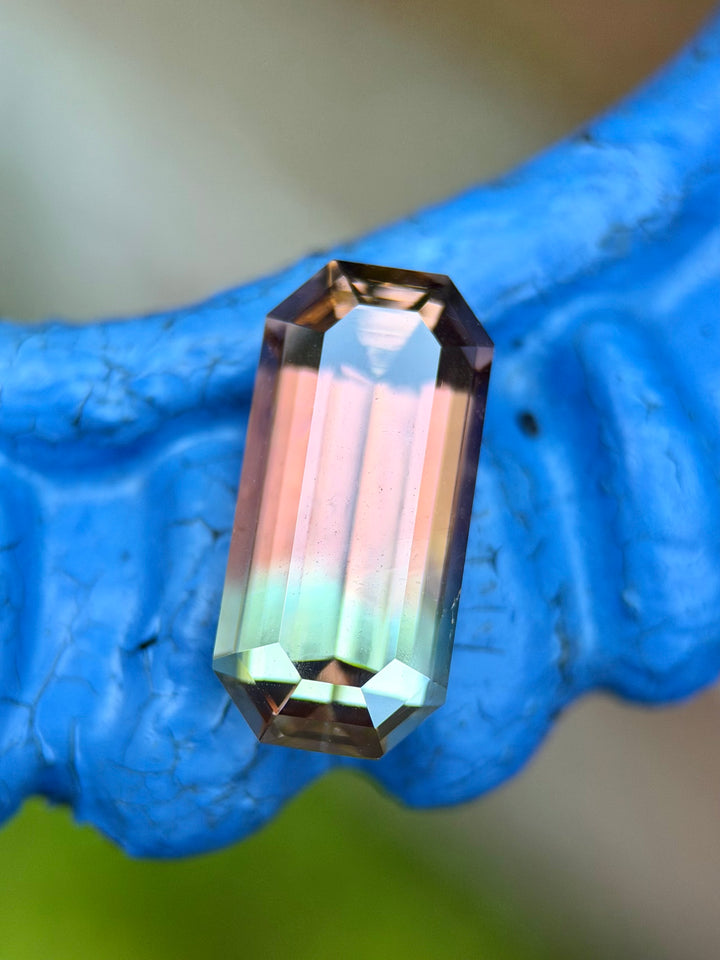 7.65CT Tourmaline: Bi Color Greenish Peach Orangish Pink Precision Elongated Emerald Cut