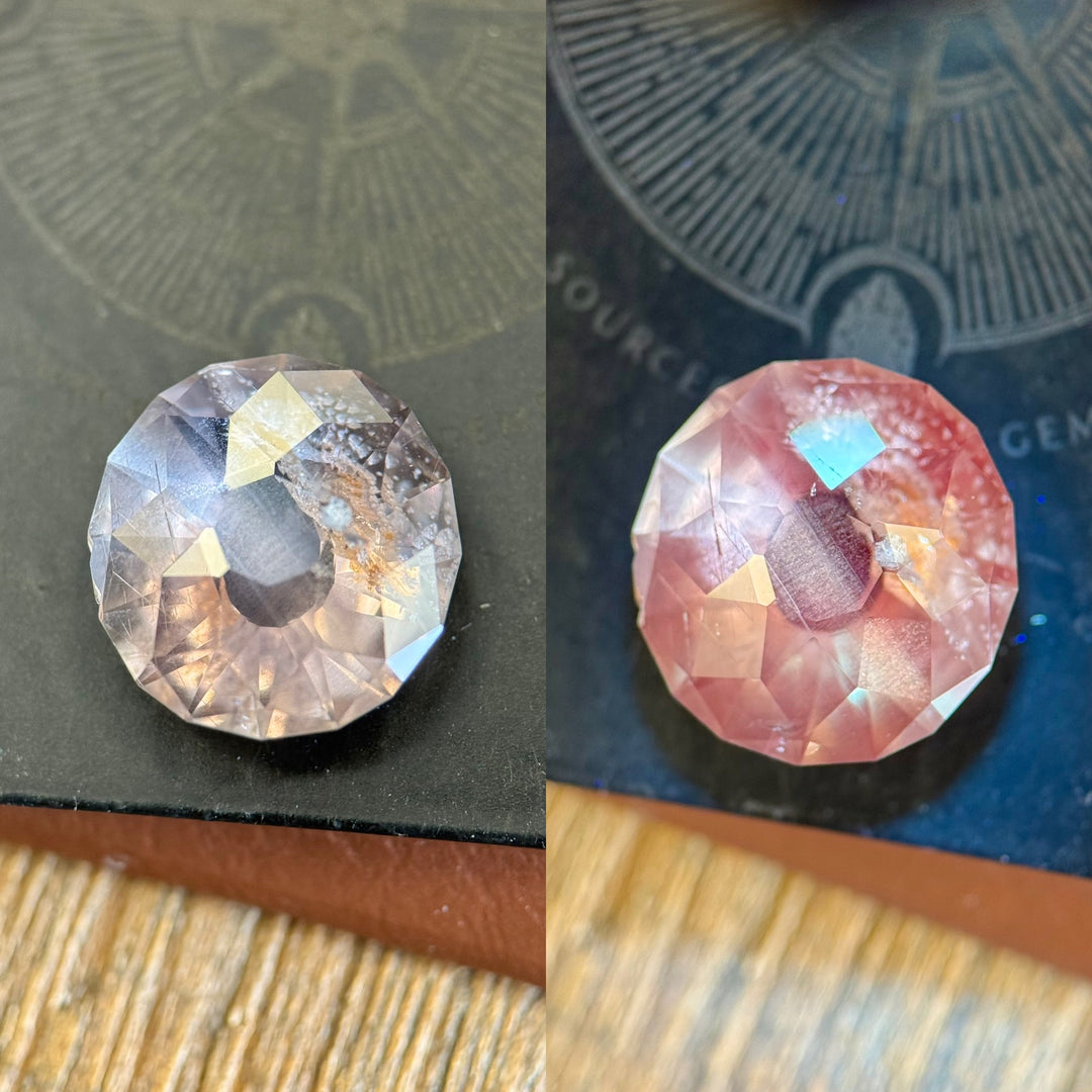 Top view of a 6.38ct no-heat sapphire from Tanzania on dark background, revealing full color transformation from lavender gray to reddish pink