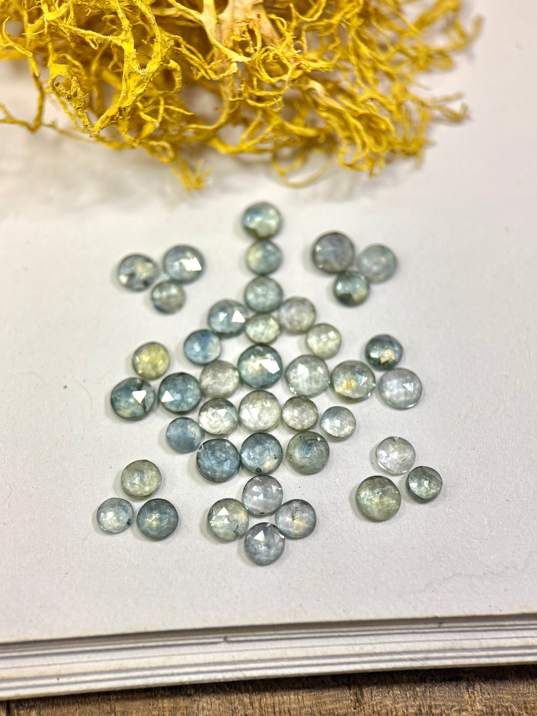 Parcel of 34 natural teal blue green sapphires from the Eldorado Deposit, Montana, arranged on a white background beside yellow lichen. Each sapphire shows unique hues and sparkle from its round rose cut faceting, untreated and ethically sourced gemstones totaling 8.05 carats.