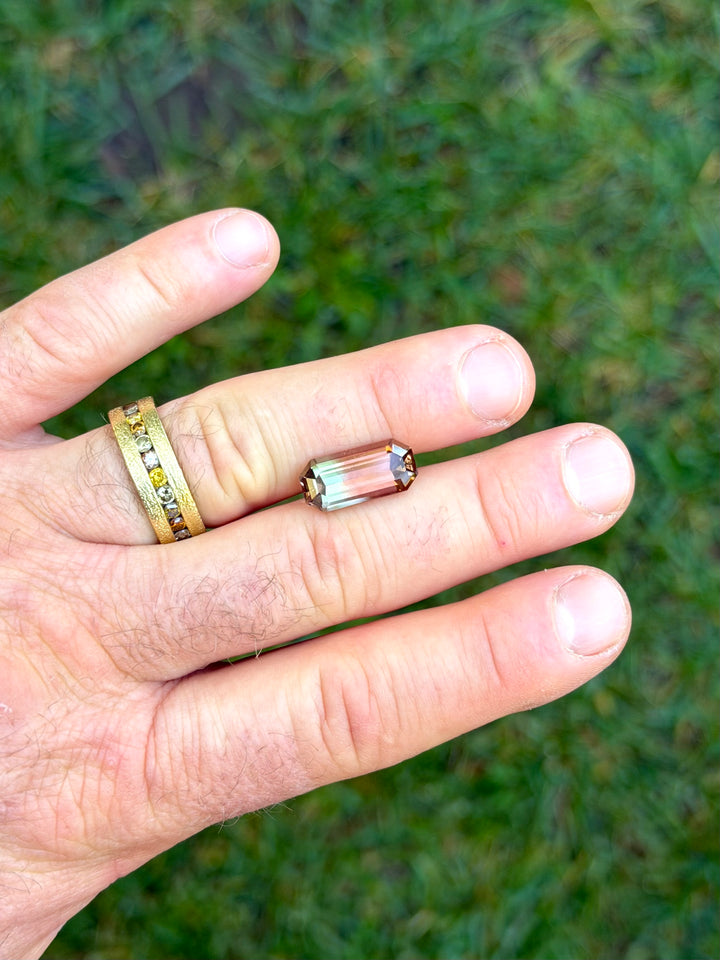 7.65CT Tourmaline: Bi Color Greenish Peach Orangish Pink Precision Elongated Emerald Cut