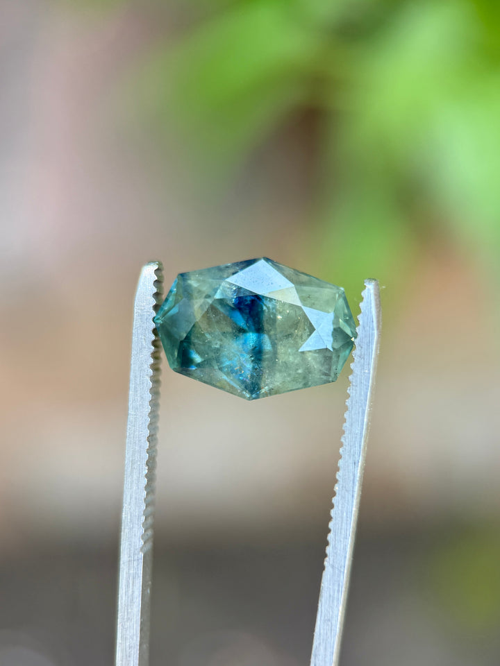 8.00CT Sapphire: Earthy Blue Green Parti Custom Octagonal Brilliant Cut
