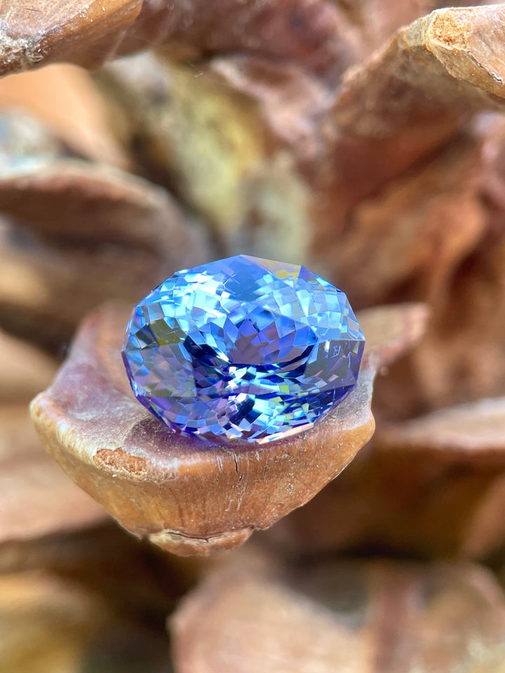 A 9.31-carat tanzanite gemstone displaying a custom mix cut oval shape with vibrant blue and purple hues from Merelani Hills, Tanzania.