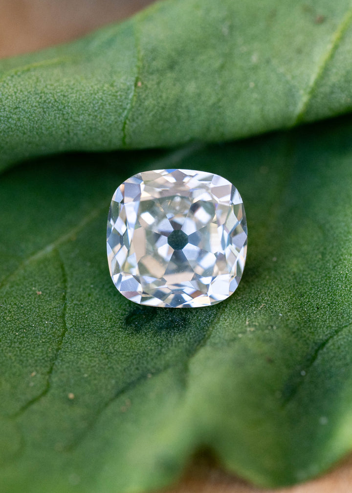 A 0.92 carat white antique-style cushion cut diamond resting on a green succulent leaf, showcasing crisp broad facets and vintage-inspired brilliance.