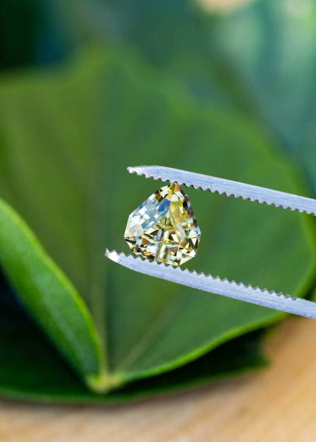 A custom geometric shield cut Tanzanite held in jeweler's tweezers, highlighting precision faceting and striking pleochroic flashes of teal, green, and yellow.