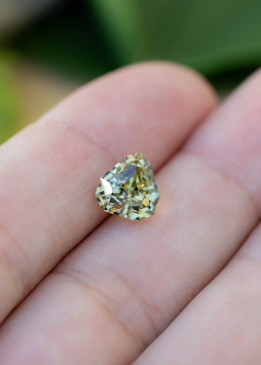 A rare 2.42 carat untreated Tanzanite resting on fingertips for scale, showcasing its distinctive shield shape and naturally shifting teal, green, and golden hues.