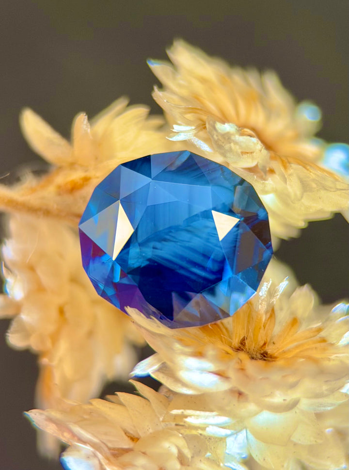 A royal blue opalescent precision geo oval cut sapphire displayed among soft cream-colored dried flowers against a blurred dark background.