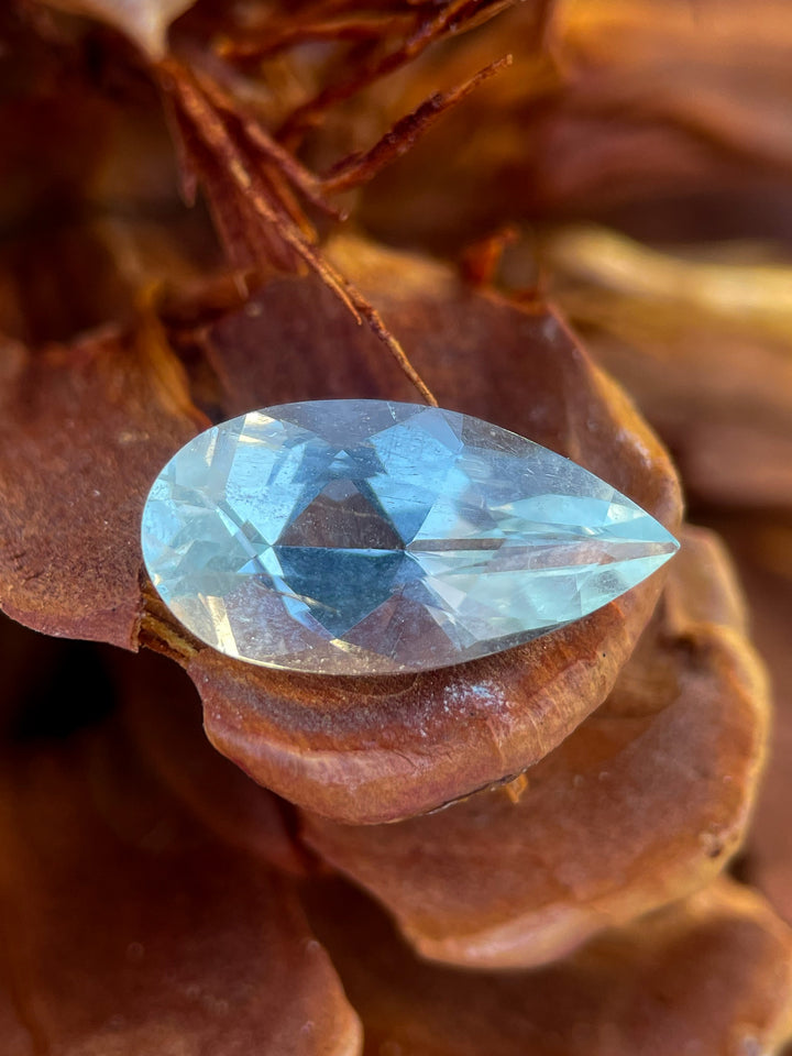 A radiant 3.88-carat aquamarine gemstone placed on a rustic pinecone, highlighting its green mint blue color and pear shape.