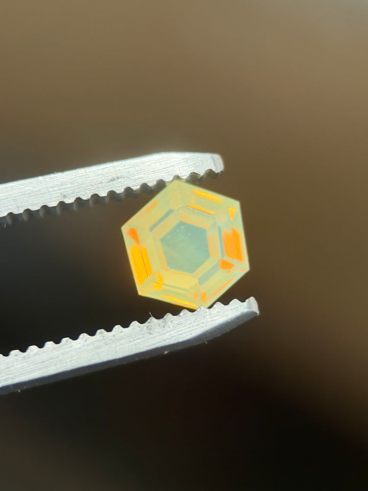 1.23CT Sapphire: Opalescent Yellow Green Precision Hexagonal Tablet Cut
