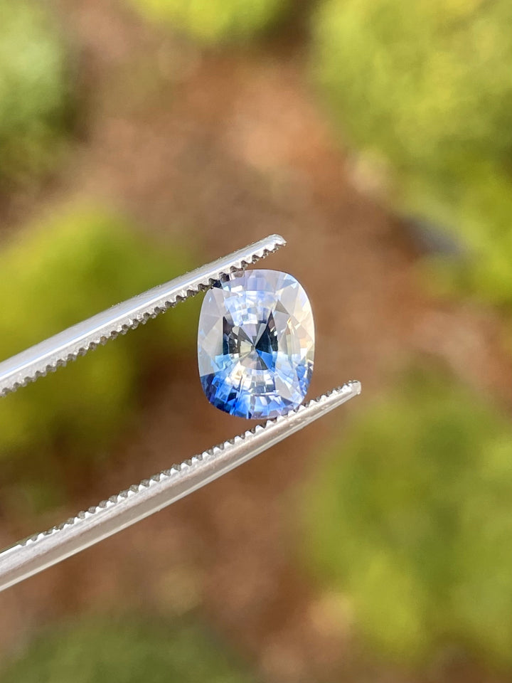  bi-color sapphire displaying beautiful lavender and cornflower blue tones, weighing 2.28 carats. Cushion cut with a mix brilliant design, held in tweezers for a detailed view. Origin: Sri Lanka.