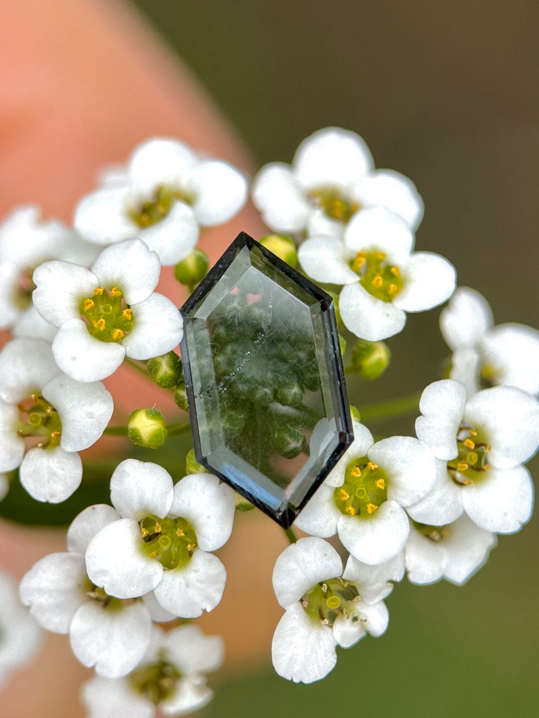 Blue-gray spinel resting on white flowers, highlighting transparency and clean hexagonal shape