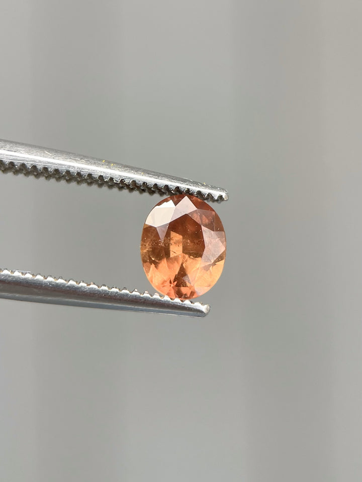 A 0.95-carat brown-orange sapphire with a modified brilliant oval cut, set against a textured yellow lichen background. The stone has vibrant hues of orange and brown with a smooth, polished surface.