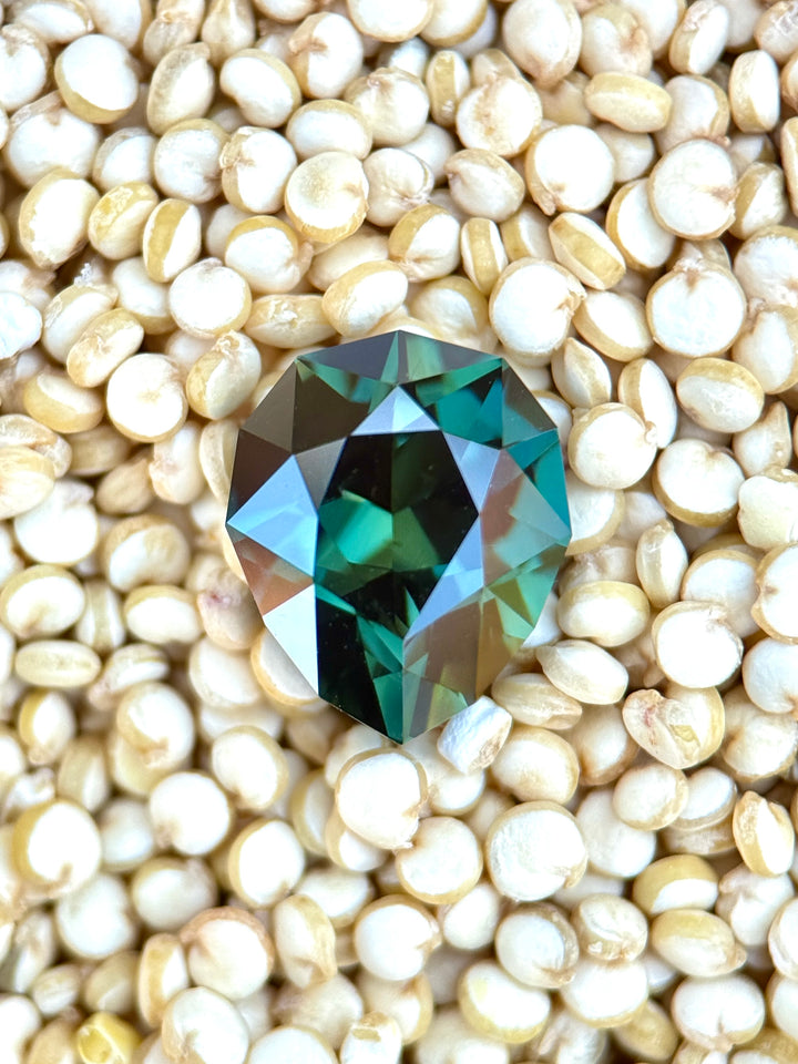 4.15CT Sapphire: Deep Teal Blue Green Precision Custom Geo Pear Mixed Cut