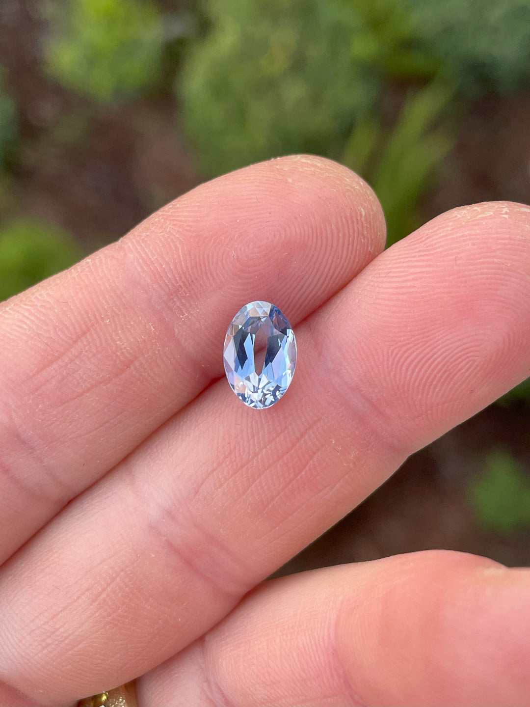 A stunning 2.50-carat cornflower blue sapphire held between fingers, showcasing its mix-cut oval shape and clarity against a green natural background.